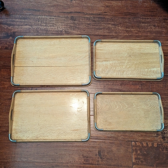 💘HOST PICK💘 VTG 50's MCM 4P Wooden W Metal Nesting Serving Trays - Picture 6 of 16